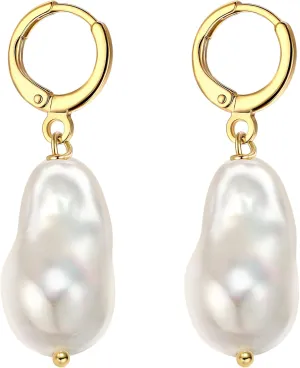 14k Gold Small Hoop Earrings with Simulated Baroque Pearl Earrings for Women | Pearl Drop Dangle Earrings Gold Hoop Earrings for Women