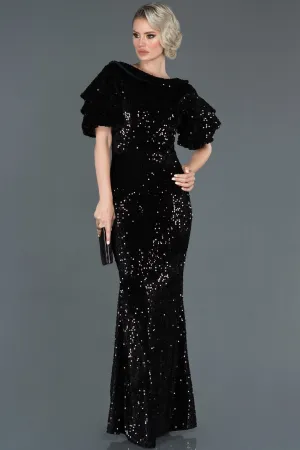 16085 Black Sequined Velvet Evening Dress