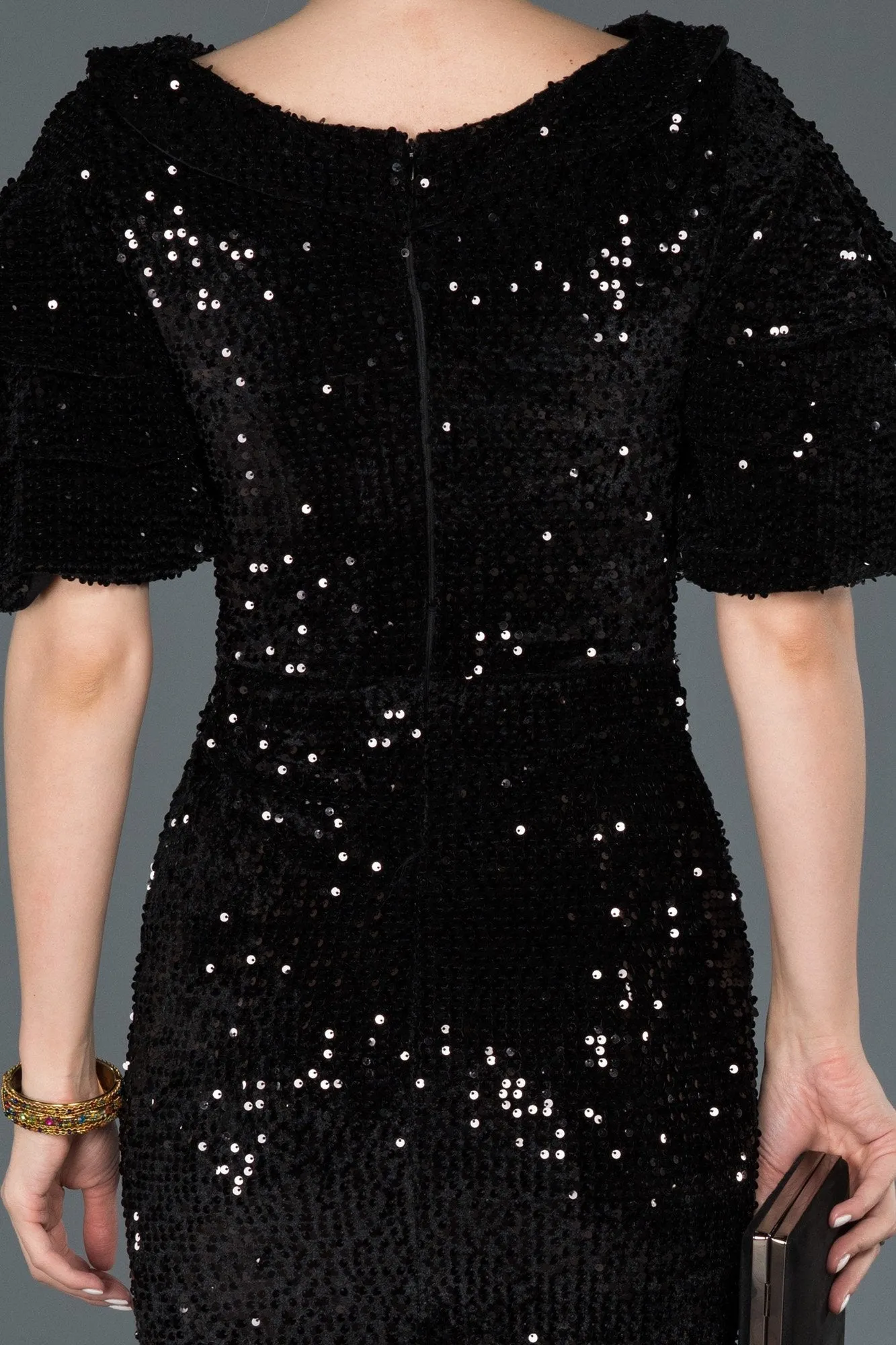 16085 Black Sequined Velvet Evening Dress