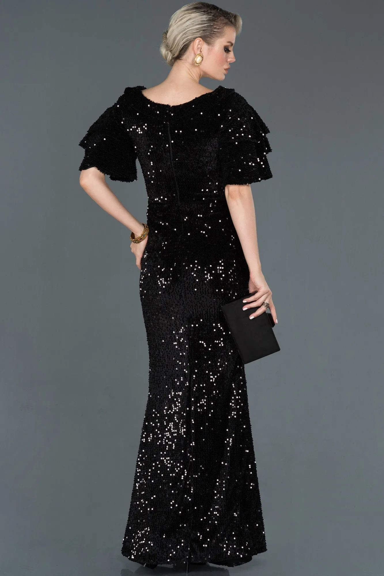 16085 Black Sequined Velvet Evening Dress