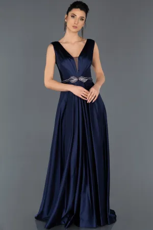 16658 Navy Blue Silvery Belt Satin Gown