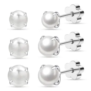 3Pairs Flower Flat Back Pearl Stud Earring for Women Screw Back Pearl Cartilage Earrings Pearl Helix Earrings Hypoallergenic Pearl Earring for Sensitive Skin (3mm/4mm/5mm Pearl)