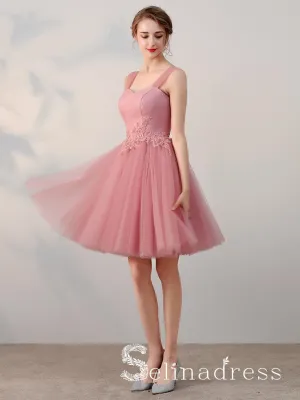 A-line Straps Cheap Pink Short Prom Dress Simple Lace Homecoming Dress  HML012