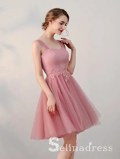 A-line Straps Cheap Pink Short Prom Dress Simple Lace Homecoming Dress  HML012