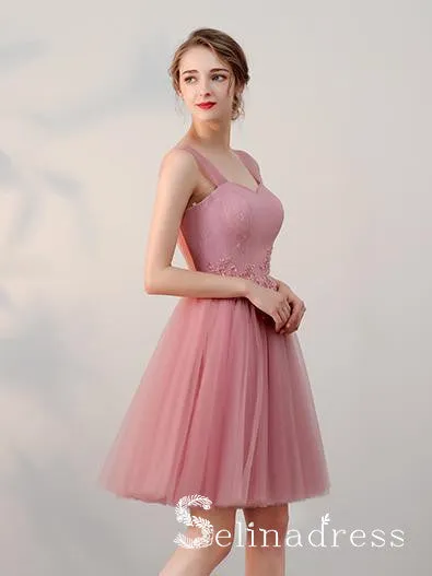 A-line Straps Cheap Pink Short Prom Dress Simple Lace Homecoming Dress  HML012