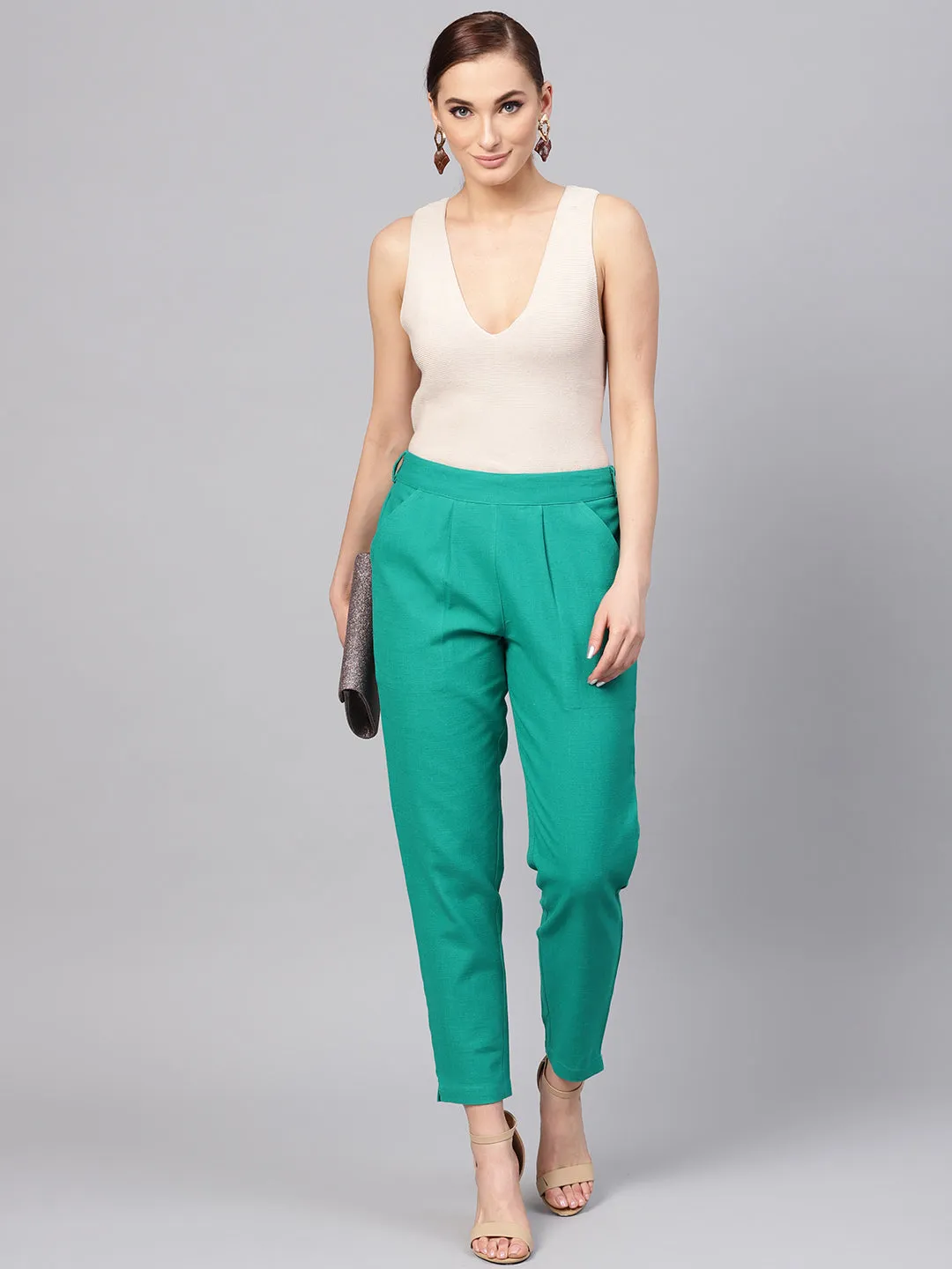 Aqua Green Solid Cotton Slub Straight Pants