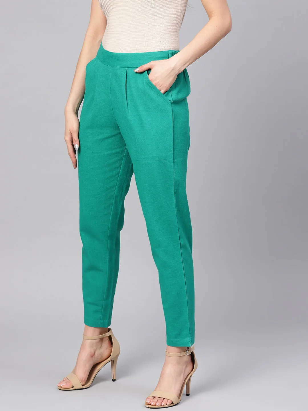 Aqua Green Solid Cotton Slub Straight Pants
