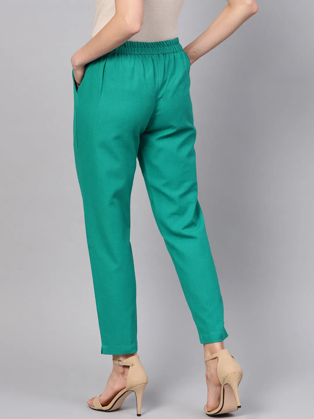 Aqua Green Solid Cotton Slub Straight Pants