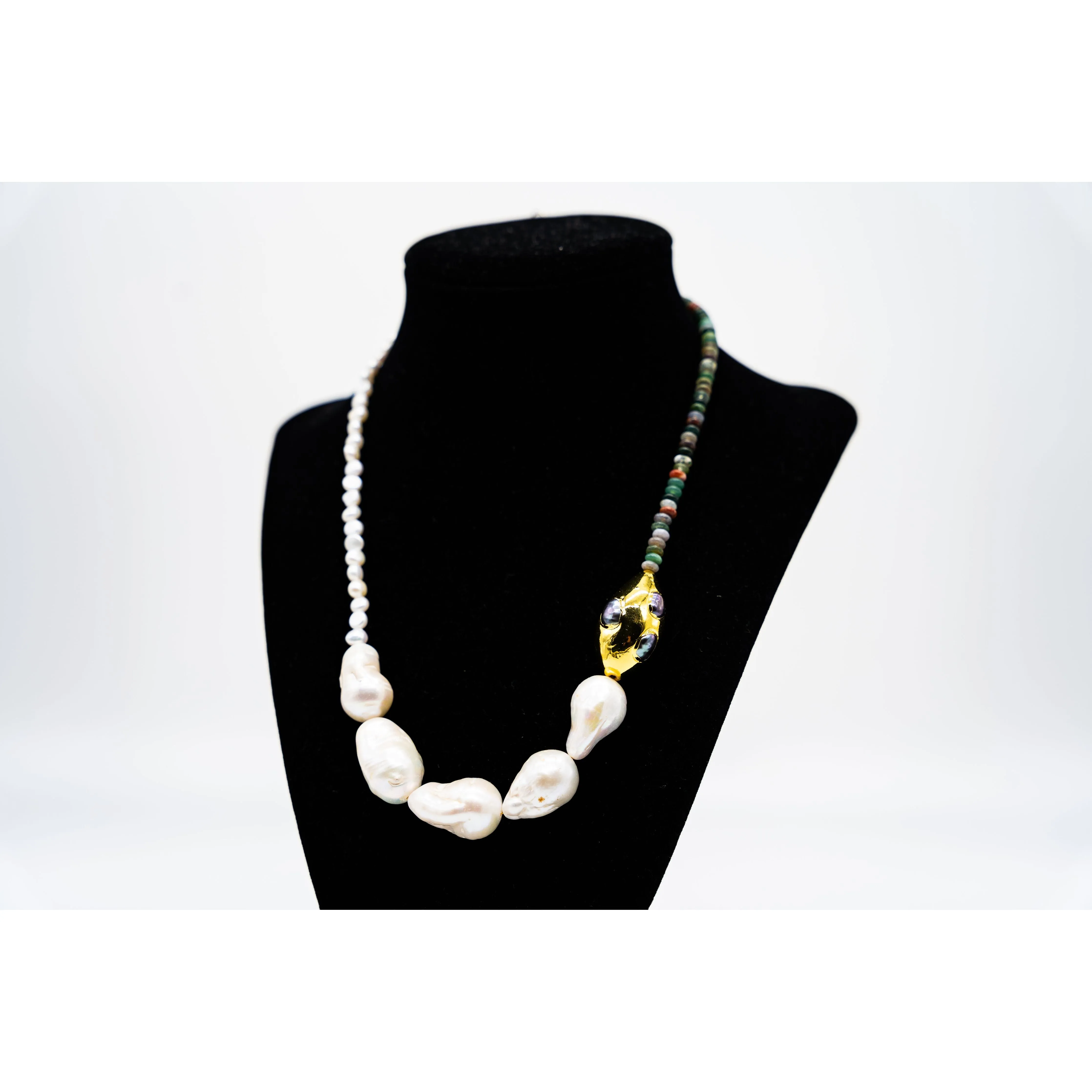 Asymmetrical Pearl and Stone Necklace with Gold Chunk and Flame Ball Pearl