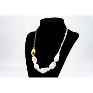 Asymmetrical Pearl and Stone Necklace with Gold Chunk and Flame Ball Pearl