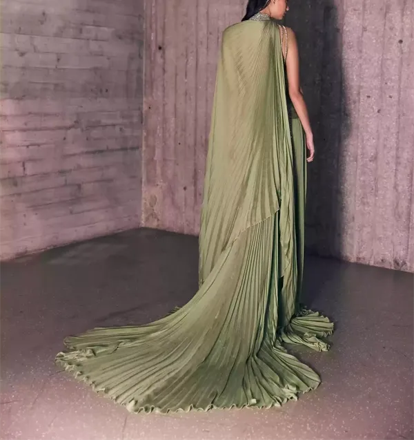 Asymmetrical Pleated Leafy Green Mousseline Dress With Silver Embroidery