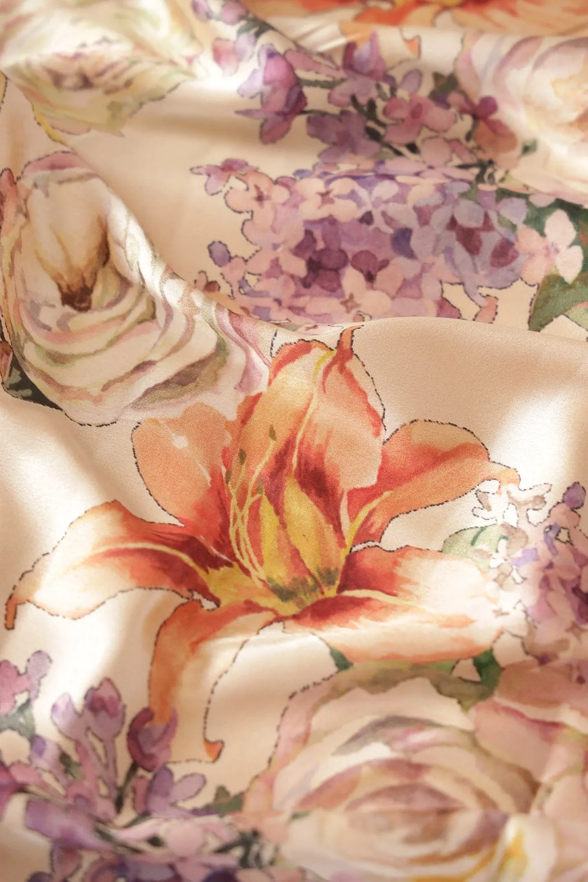 Beautiful Multi Color Floral Pattern Digital Print On Cream Satin Fabric