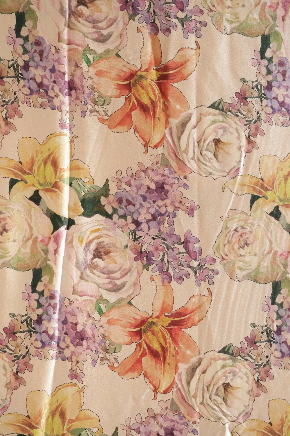 Beautiful Multi Color Floral Pattern Digital Print On Cream Satin Fabric