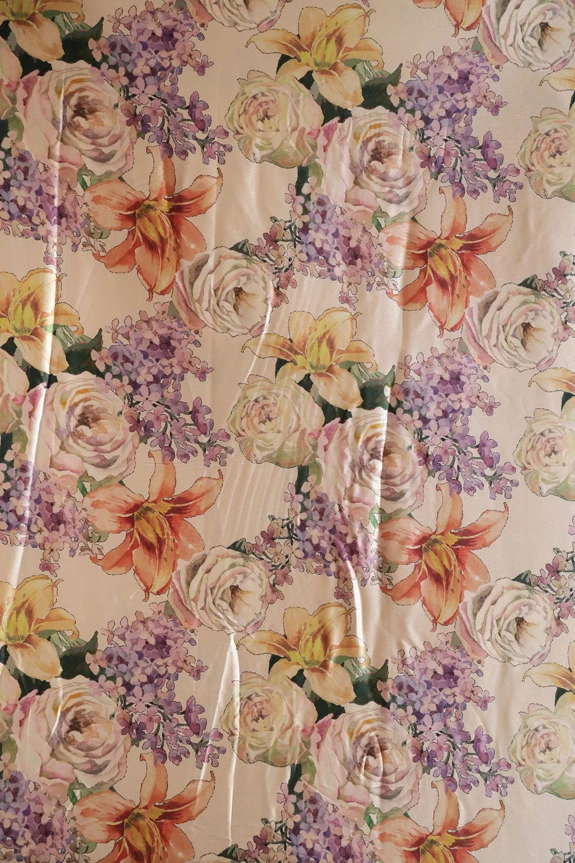 Beautiful Multi Color Floral Pattern Digital Print On Cream Satin Fabric