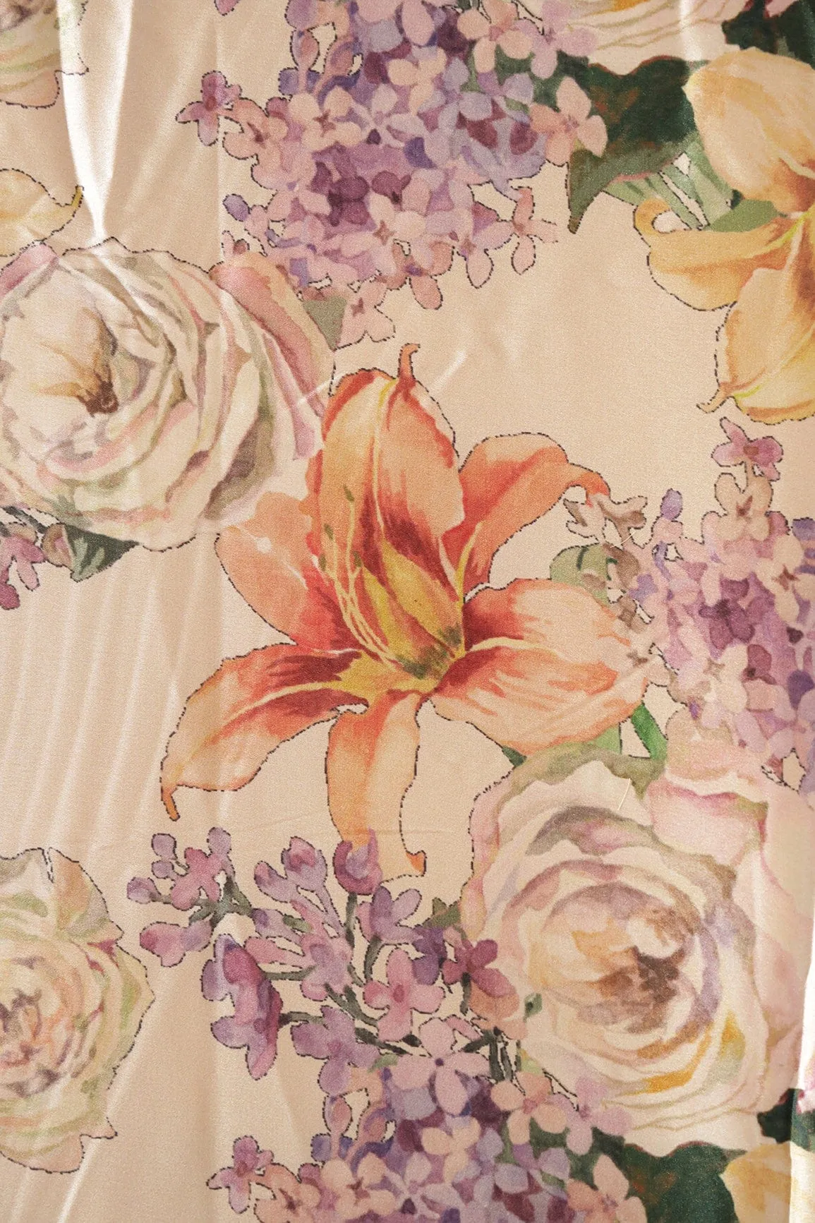 Beautiful Multi Color Floral Pattern Digital Print On Cream Satin Fabric