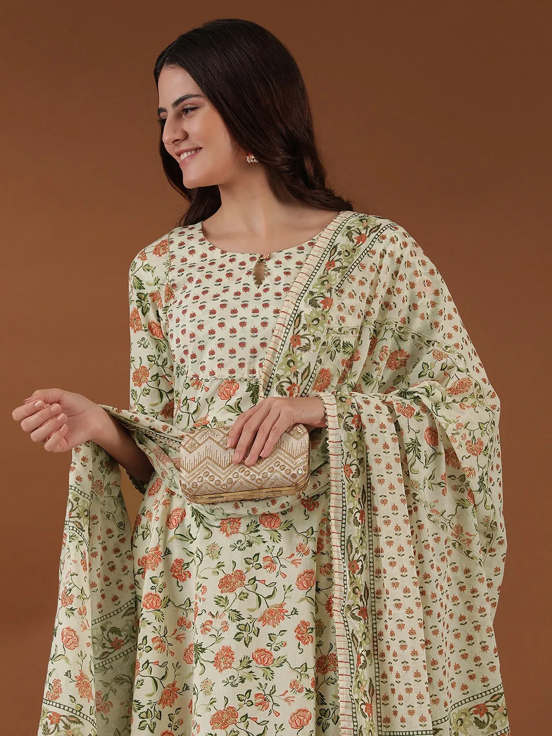 Beige Floral Printed Notched Neck Empire Gotta Patti A-Line Kurta Pants & Dupatta