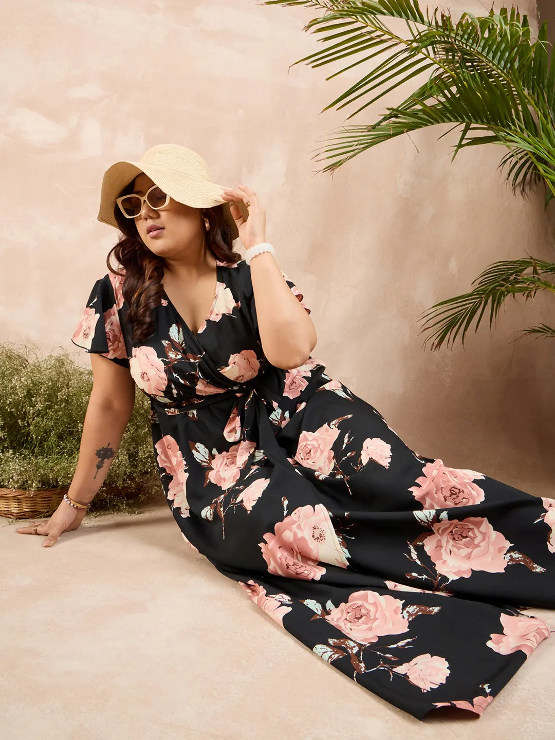 Berrylush Curve Women Black & Pink Floral Printed V-Neck Flutter Sleeves Waist Tie-Up Flared Maxi Dress