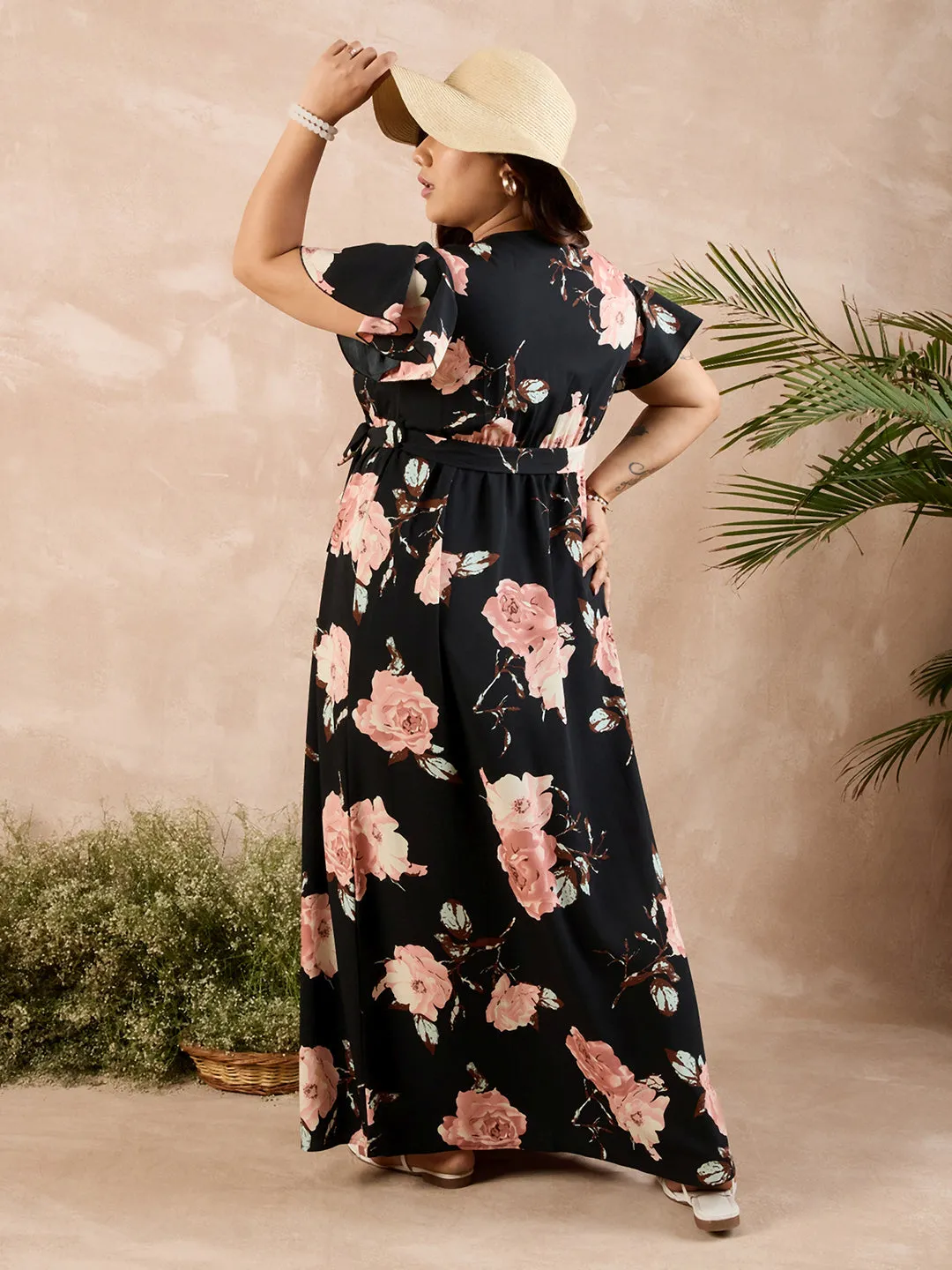Berrylush Curve Women Black & Pink Floral Printed V-Neck Flutter Sleeves Waist Tie-Up Flared Maxi Dress