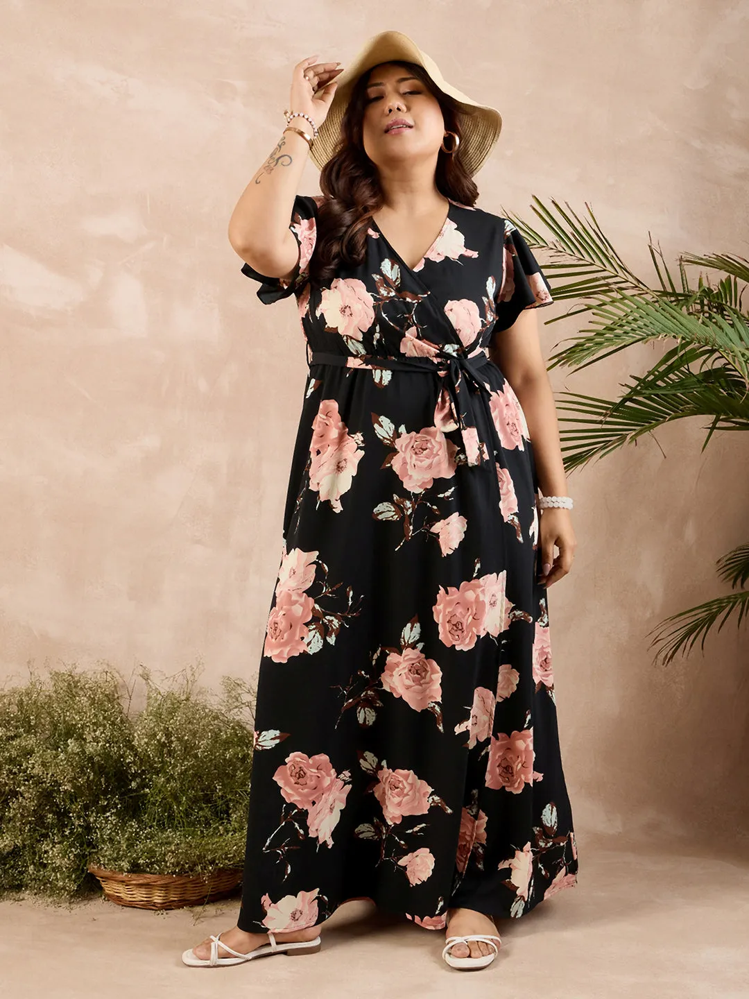 Berrylush Curve Women Black & Pink Floral Printed V-Neck Flutter Sleeves Waist Tie-Up Flared Maxi Dress