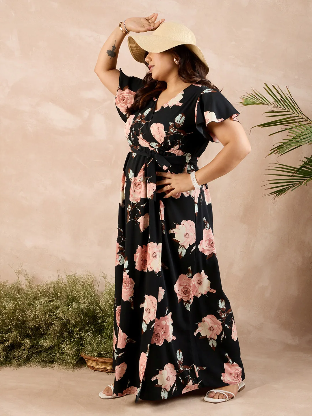 Berrylush Curve Women Black & Pink Floral Printed V-Neck Flutter Sleeves Waist Tie-Up Flared Maxi Dress