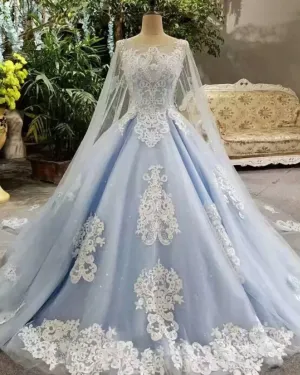 Blue And White Lace Shiny Prom Dress Charming Prom Dress