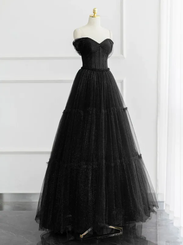 Burgundy A-line Off Shoulder Tulle Shiny Long Prom Dress