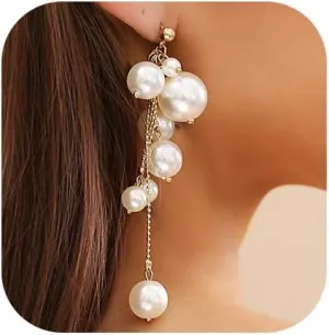 Chunky Gold Pearl Earrings for Women Long Chain Ball Earrings Pearl Dangle Earrings Fashion Jewelry