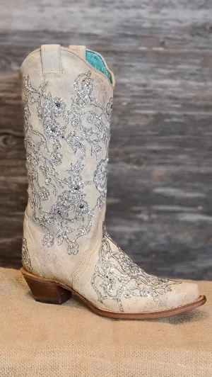 Corral Bone Glitter Overlay Embroidery and Crystals C3356