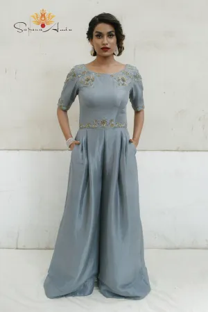 Dusty Blue Silk Jumpsuit  Chic and Elegant Evening Wear.            .
