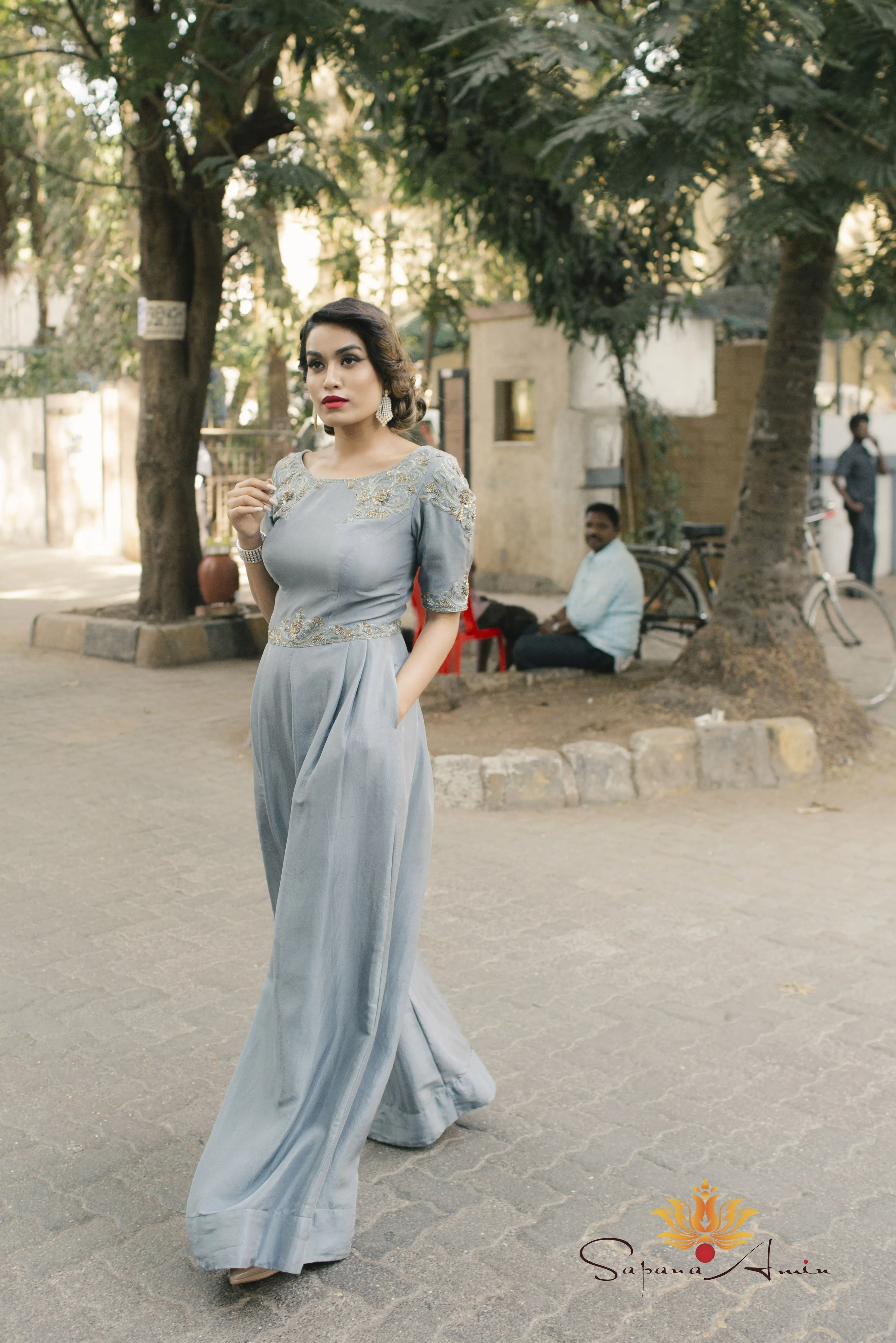 Dusty Blue Silk Jumpsuit  Chic and Elegant Evening Wear.            .