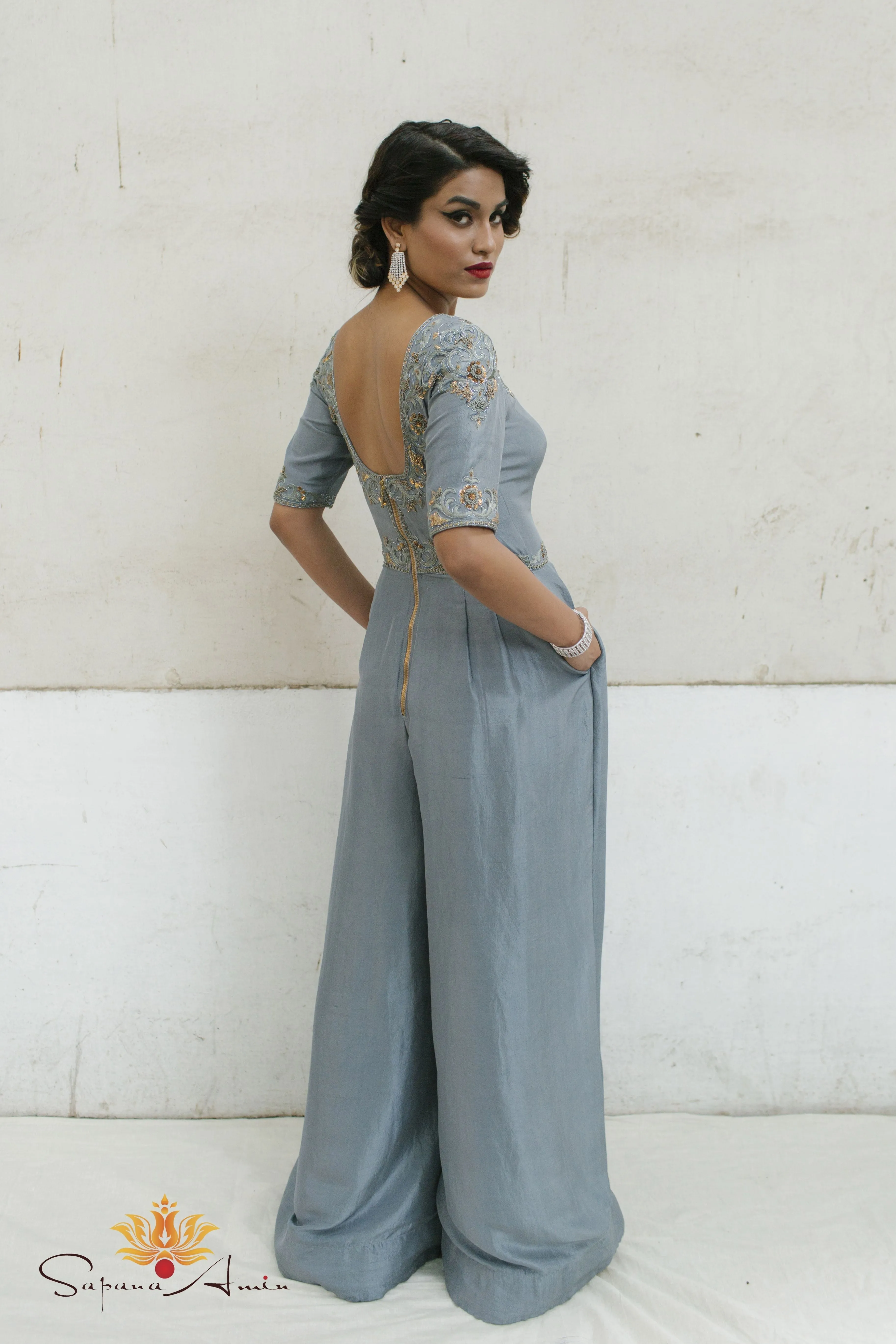 Dusty Blue Silk Jumpsuit  Chic and Elegant Evening Wear.            .