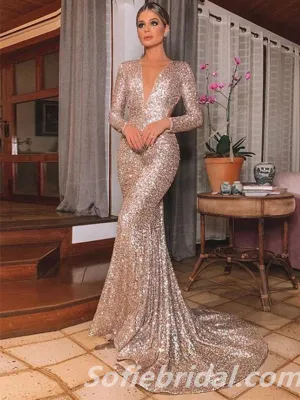 Elegant Sequin Long sleeve Deep V-Neck Open Back Mermaid Long Prom Dresses,SFPD0277