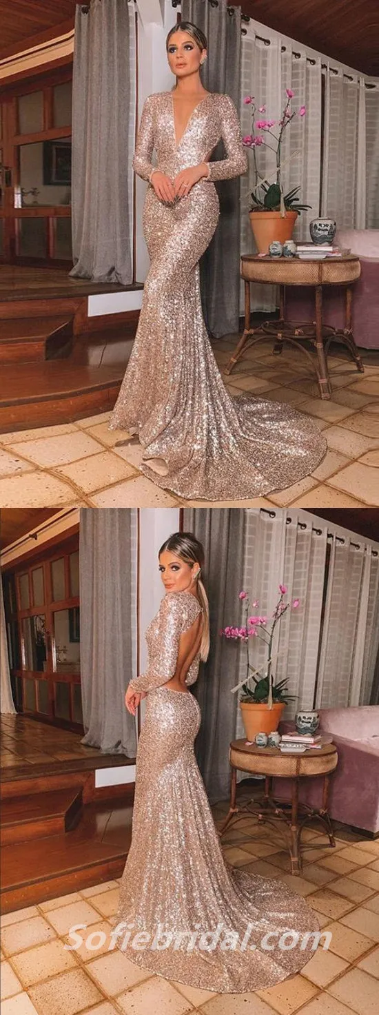 Elegant Sequin Long sleeve Deep V-Neck Open Back Mermaid Long Prom Dresses,SFPD0277