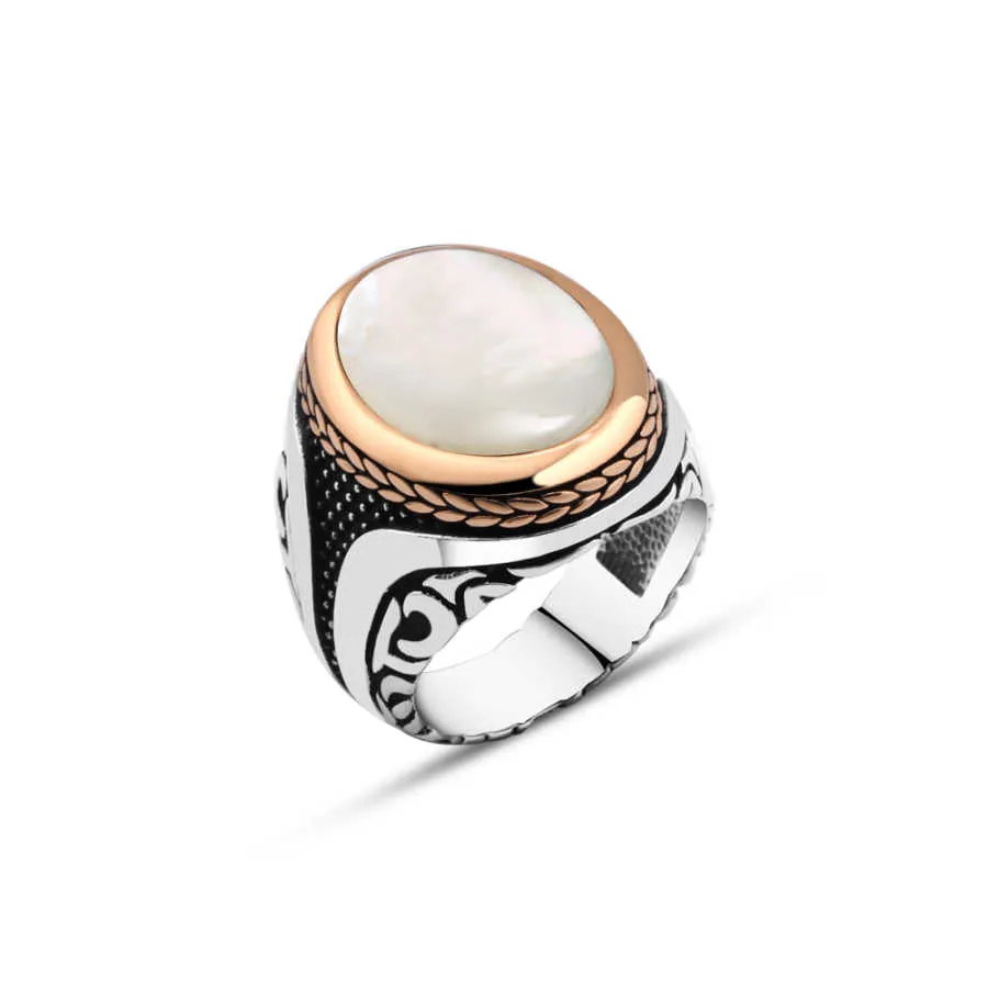Ellipse White Mother of Pearl Stone Silver Men's Ring with Braid Style Around