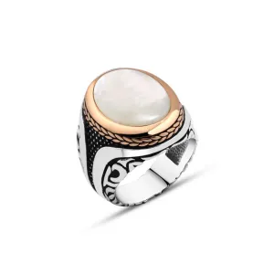 Ellipse White Mother of Pearl Stone Silver Men's Ring with Braid Style Around