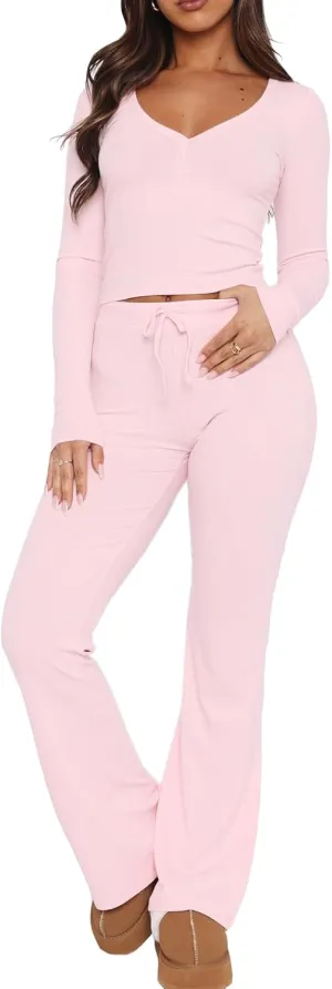 Ezbelle Women's Lounge Sets 2 Piece Outfits Long Sleeve Crop Button Down V Neck Shirt Knit Pajama Pant Fall Clothes