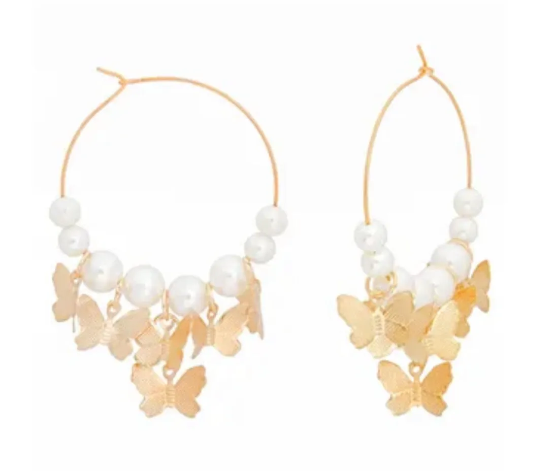 Gold Butterfly Charm Earrings Pearl Wire Hoops