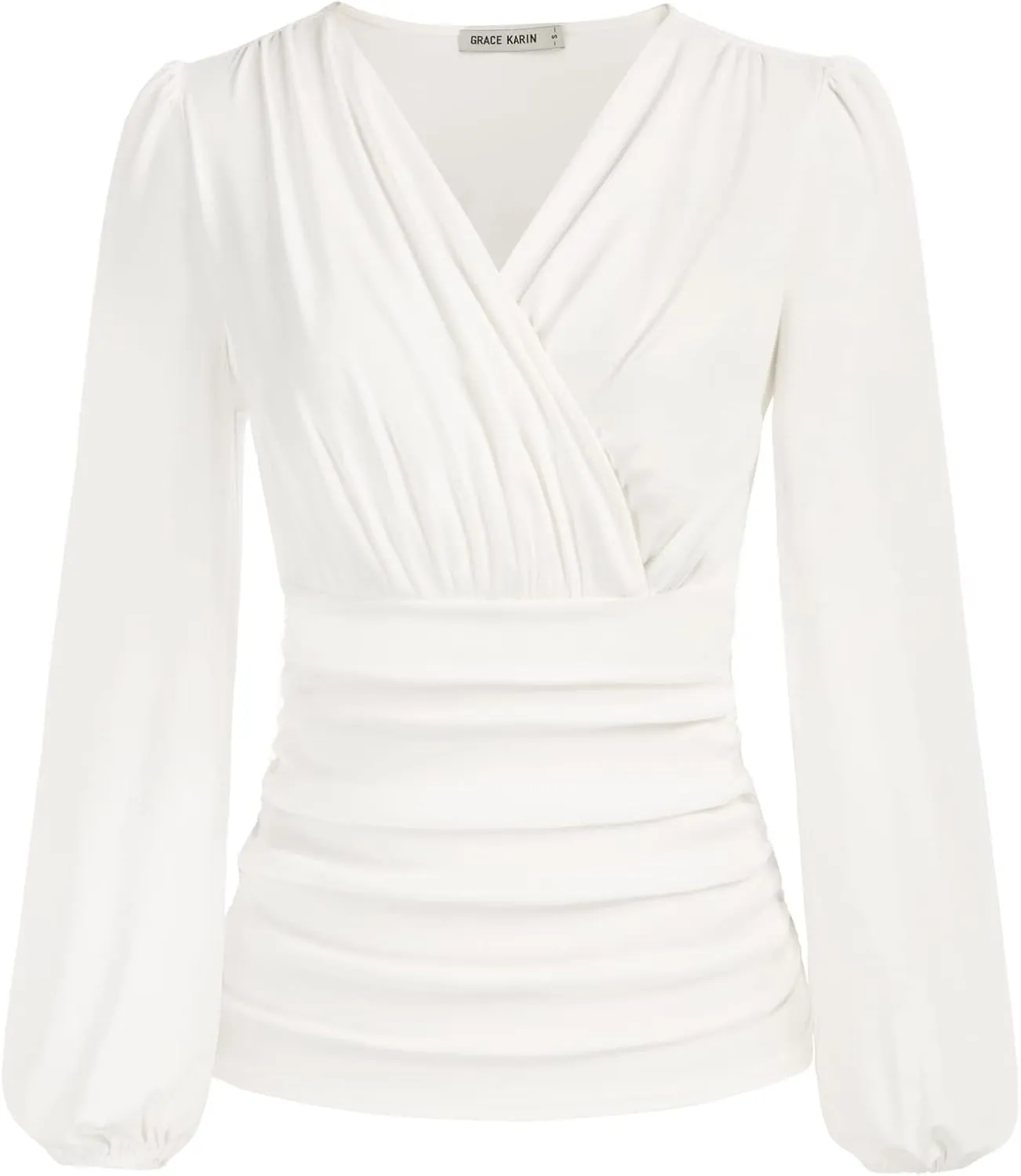GRACE KARIN 2025 Womens Tops Summer Wrap Blouse V Neck Work Shirt Long Sleeve Dressy Casual Ruched Top Trendy Fashion Outfits