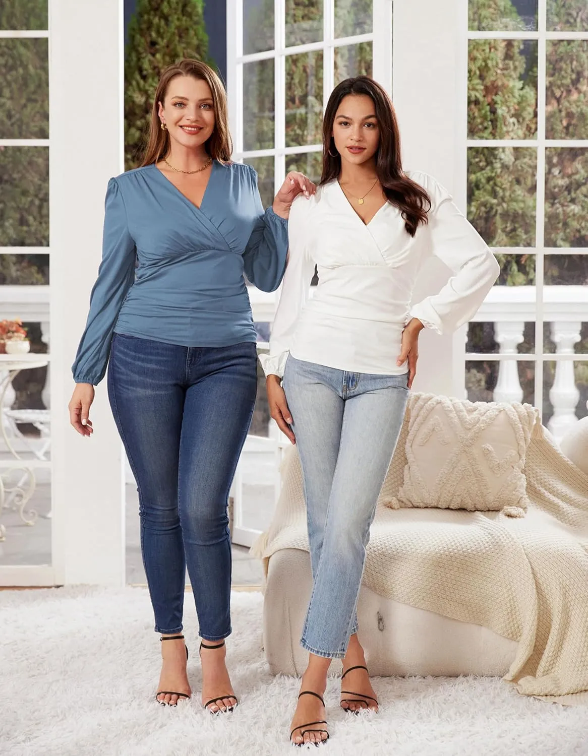 GRACE KARIN 2025 Womens Tops Summer Wrap Blouse V Neck Work Shirt Long Sleeve Dressy Casual Ruched Top Trendy Fashion Outfits