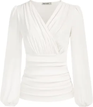 GRACE KARIN 2025 Womens Tops Summer Wrap Blouse V Neck Work Shirt Long Sleeve Dressy Casual Ruched Top Trendy Fashion Outfits