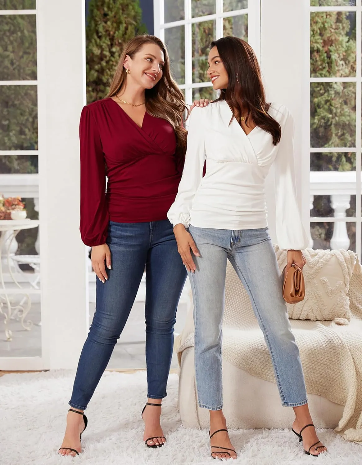 GRACE KARIN 2025 Womens Tops Summer Wrap Blouse V Neck Work Shirt Long Sleeve Dressy Casual Ruched Top Trendy Fashion Outfits