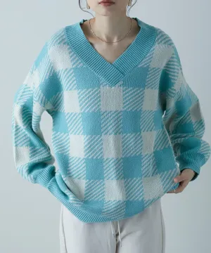 Jacquard v-neck knit tops