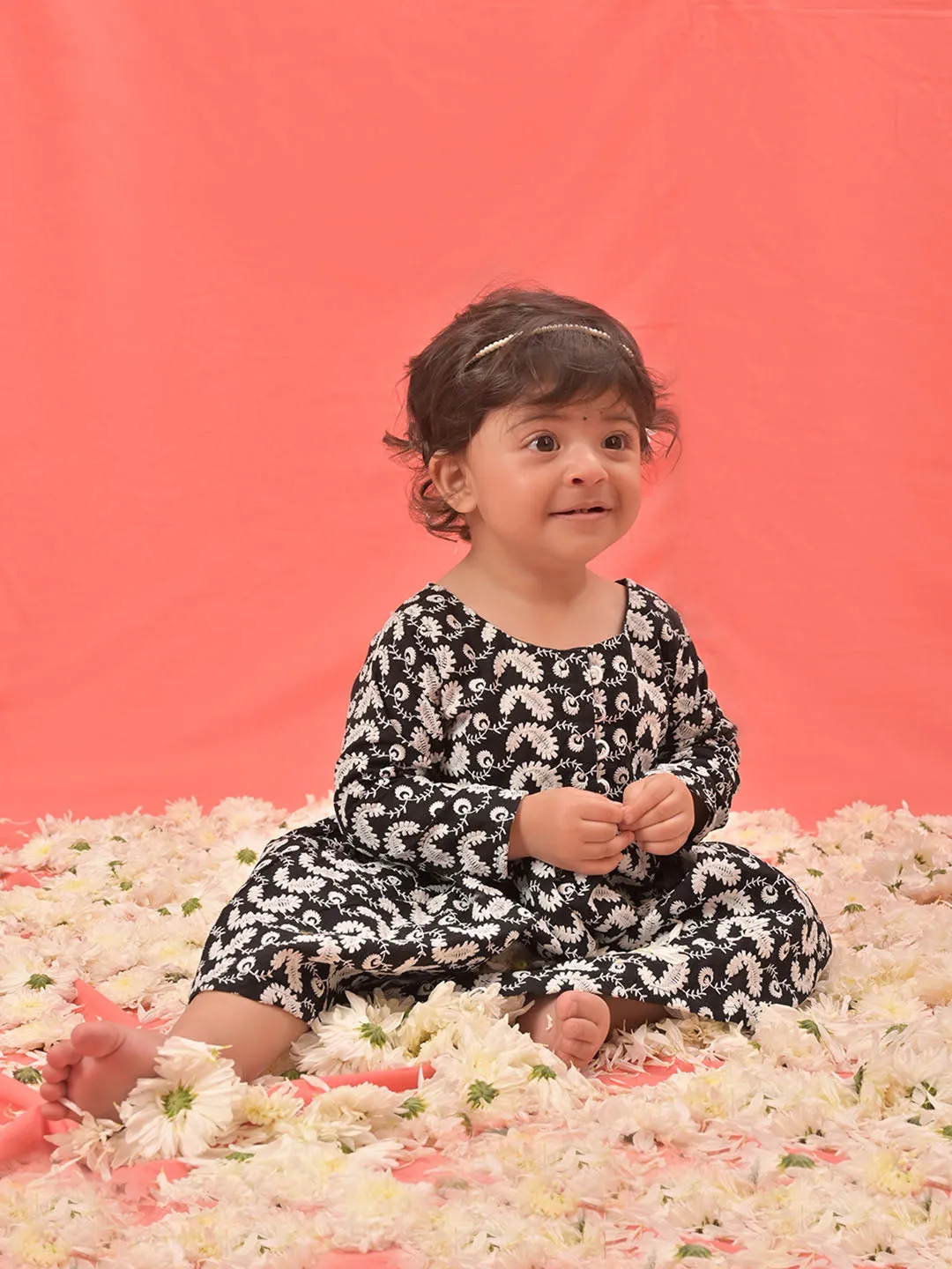 Jashvi Girl's Black Chikankari Cotton Kurta