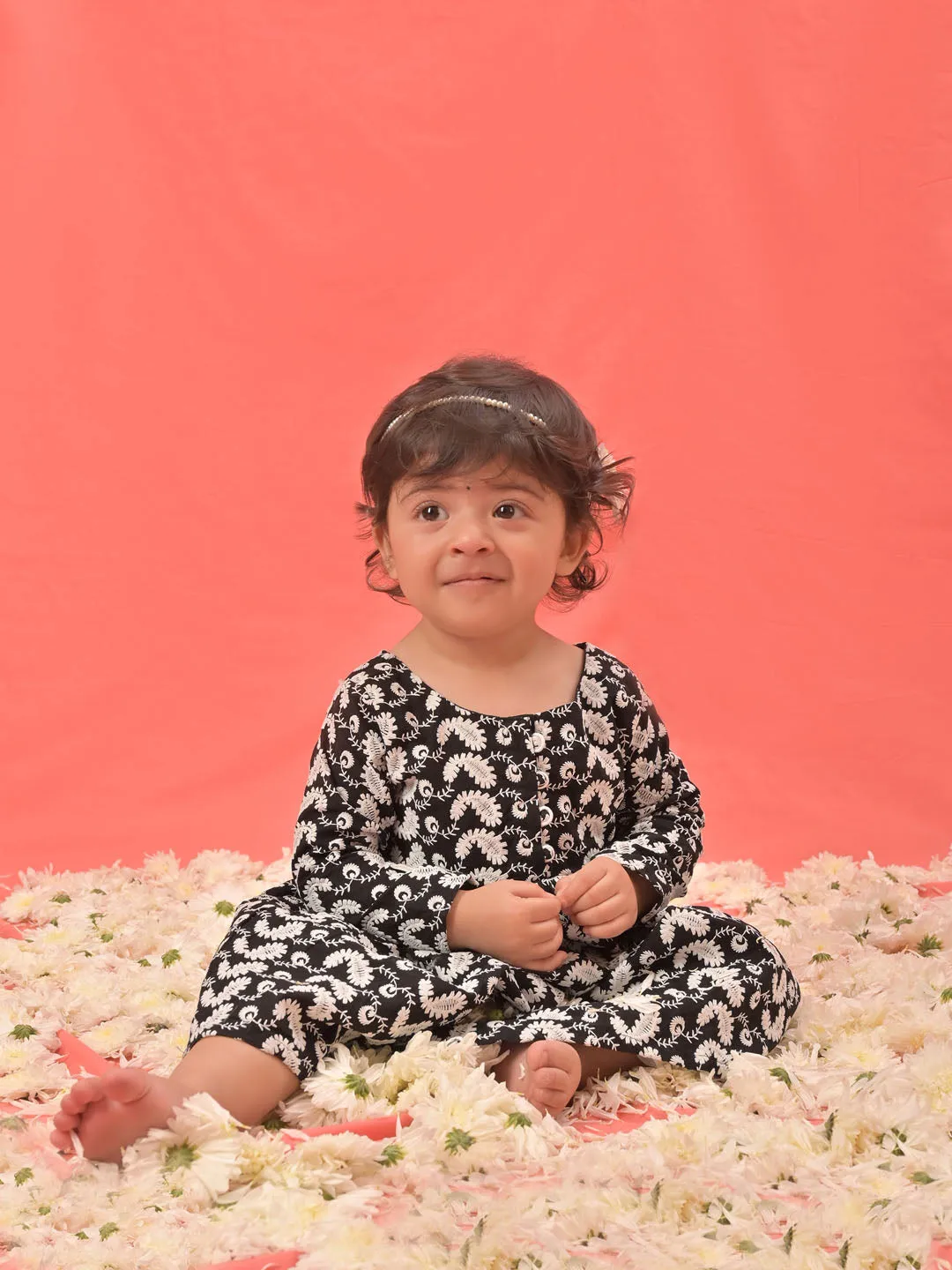 Jashvi Girl's Black Chikankari Cotton Kurta