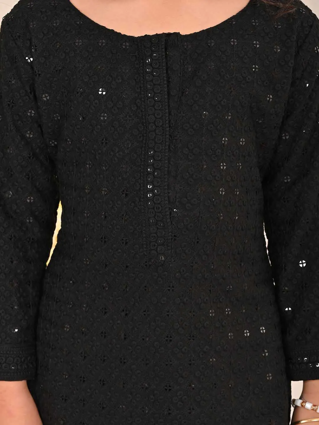 Jashvi Girls' Black Embellished Kurta Palazzo Set
