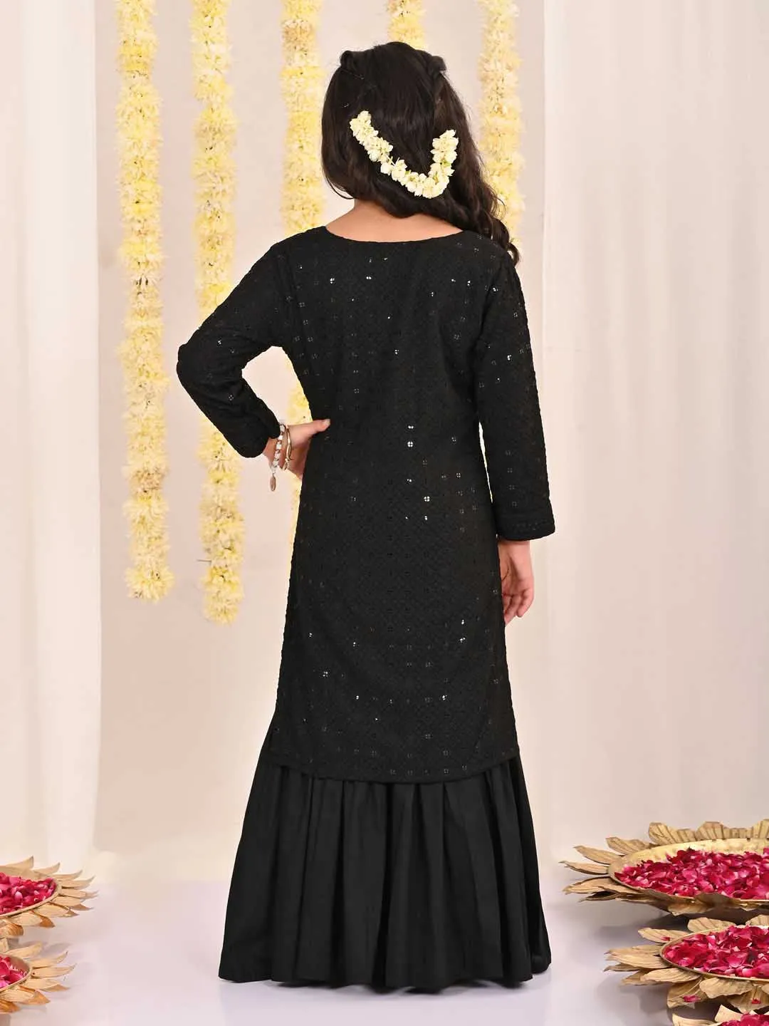 Jashvi Girls' Black Embellished Kurta Palazzo Set
