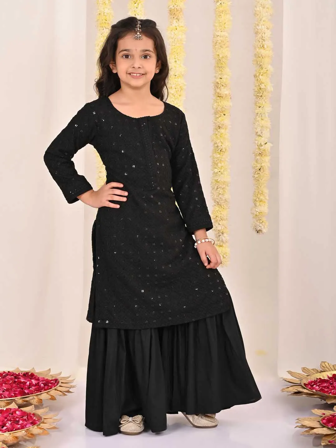 Jashvi Girls' Black Embellished Kurta Palazzo Set