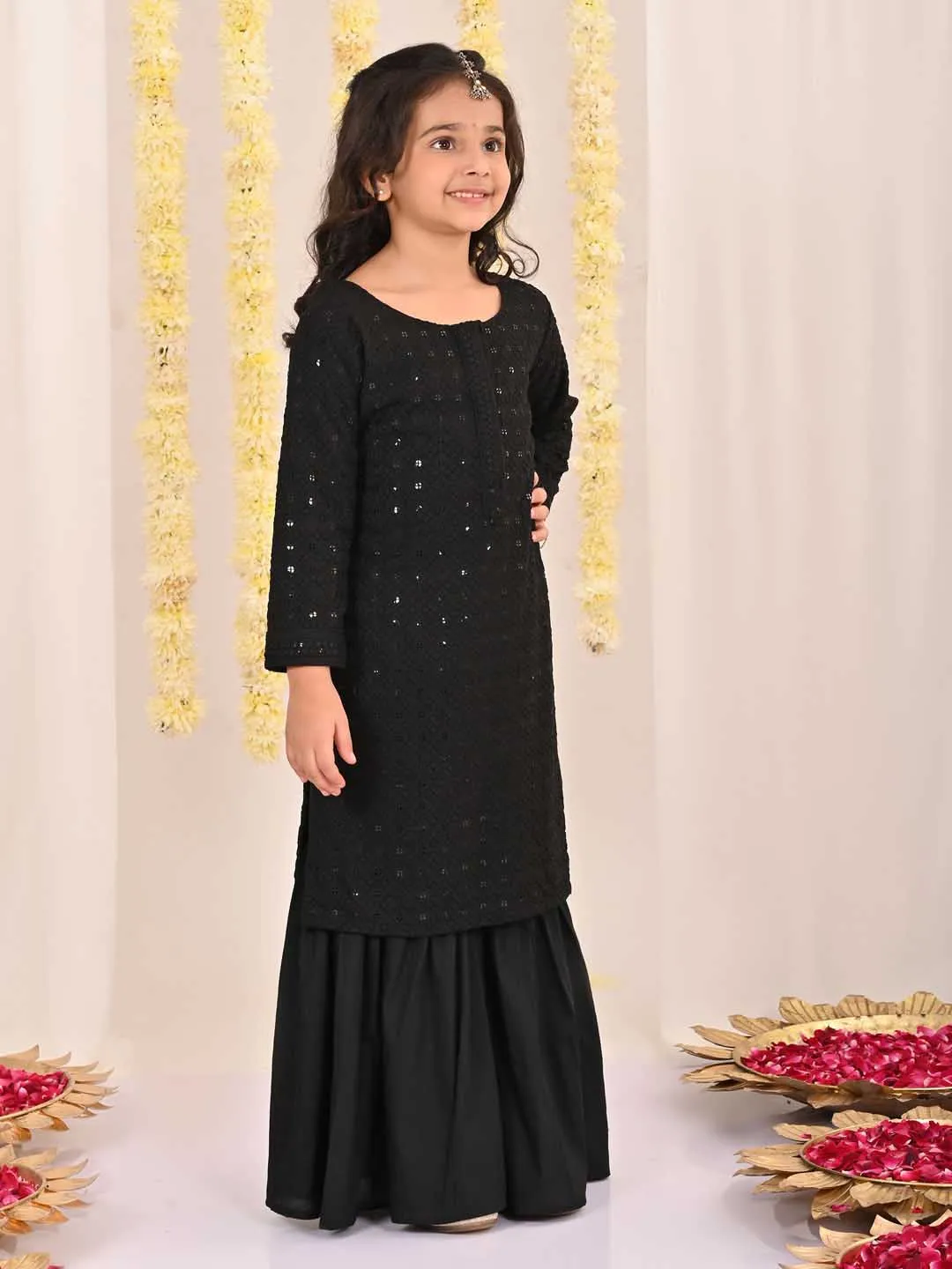 Jashvi Girls' Black Embellished Kurta Palazzo Set