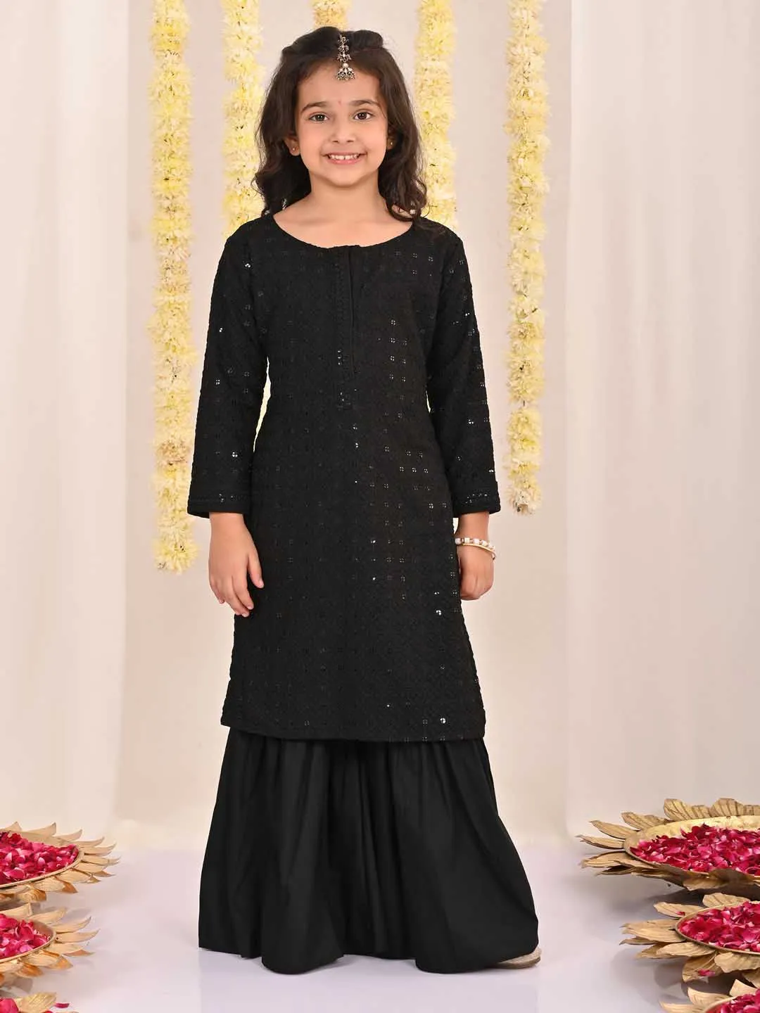 Jashvi Girls' Black Embellished Kurta Palazzo Set