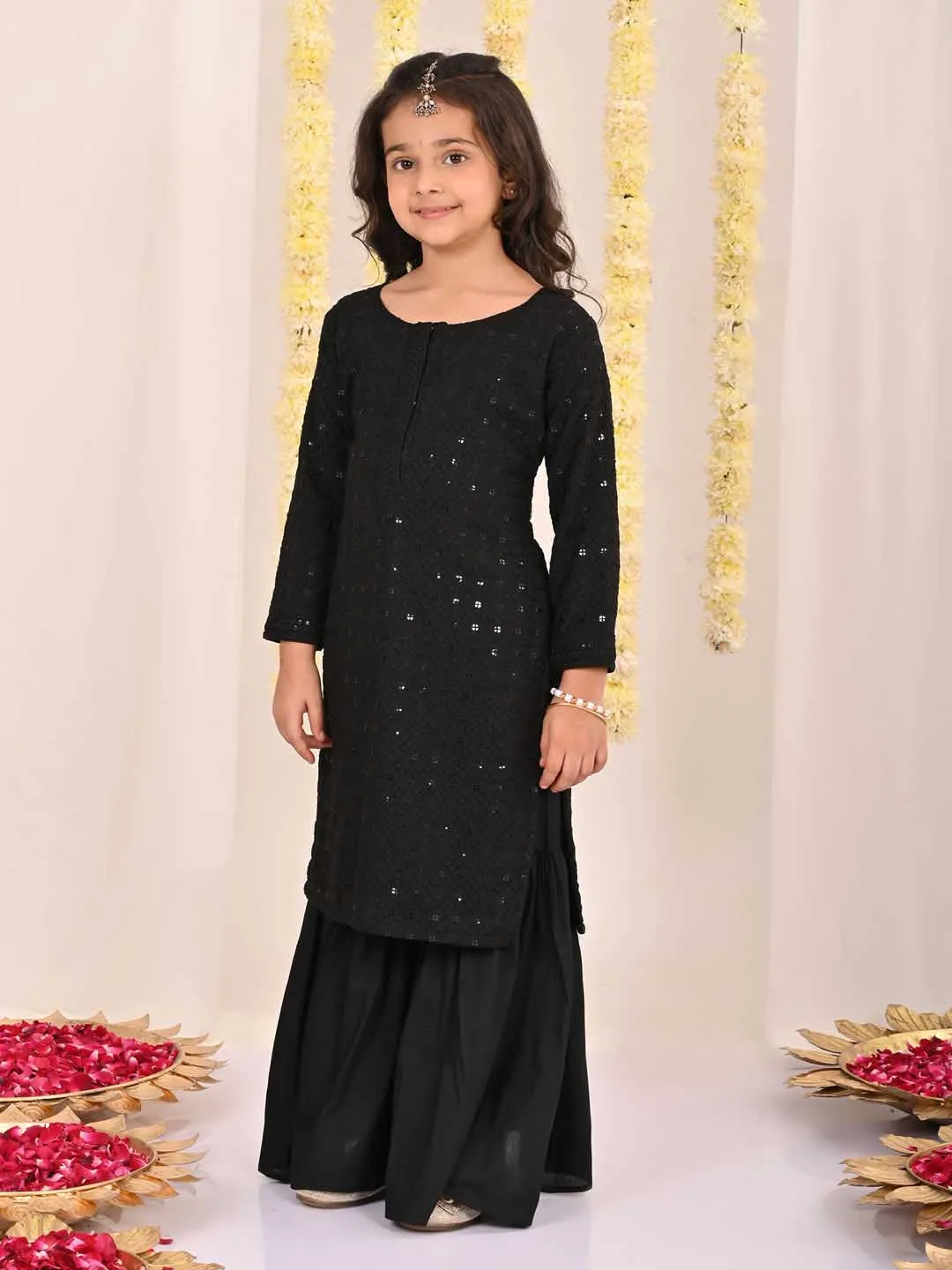 Jashvi Girls' Black Embellished Kurta Palazzo Set